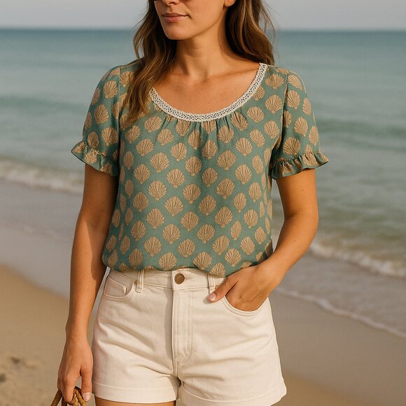 🐚 Vintage Seashell print Blouse – Coastal Boho Vibe - Picture 9 of 9